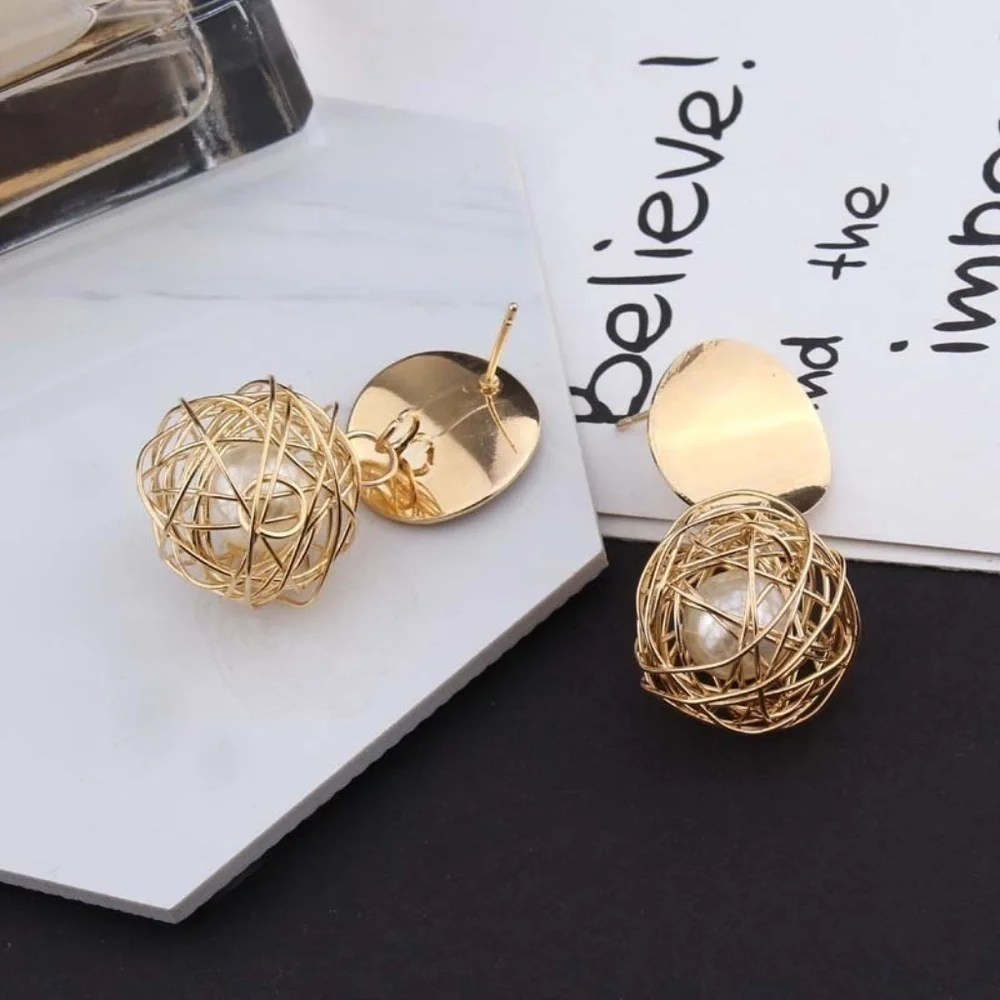 *YESENAI* Gold x Pearl Braided Ball Design Fashion Earrings